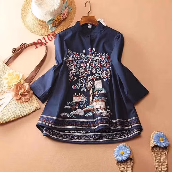 Casual with Flower Patten Cotton 3/4 Sleeve Fashion Shirt of Women Clothing