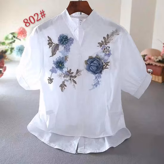 Casual with Flower Patten Cotton 3/4 Sleeve Fashion Shirt of Women Clothing