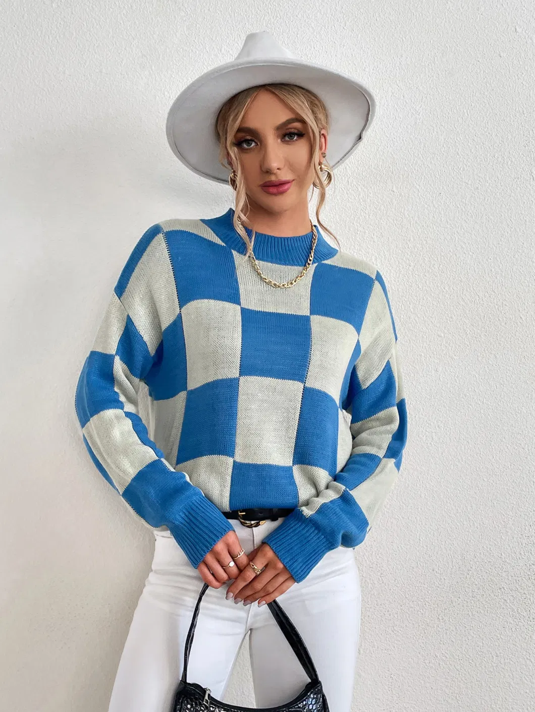 Checkerboard Plaid Sweater Women′ S Loose Pullover Explosion Style European and American Knitted Base Shirt