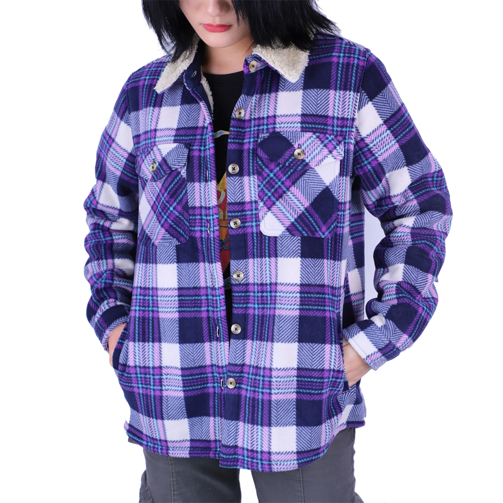 2022 Fashion Plaid Button Collar Long Sleeve Fleece Lining Women′s Shirt